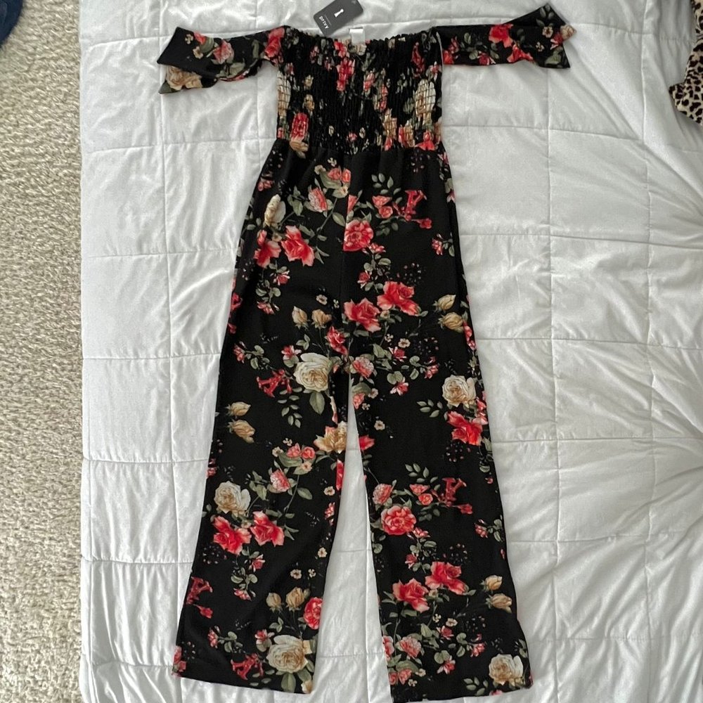 BLACK FLORAL JUMPSUIT OFF SHOULDER